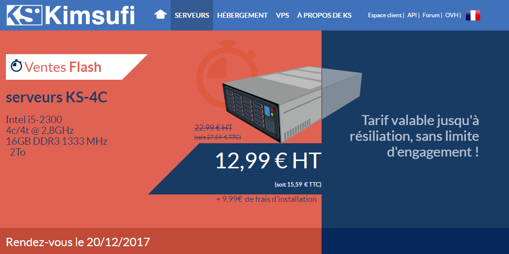Kimsufi：KS4C特价预告 - 月付12.99欧元/i5-2300/16G内存/2T硬盘/100Mbps/无限流量/OVH-主机迷